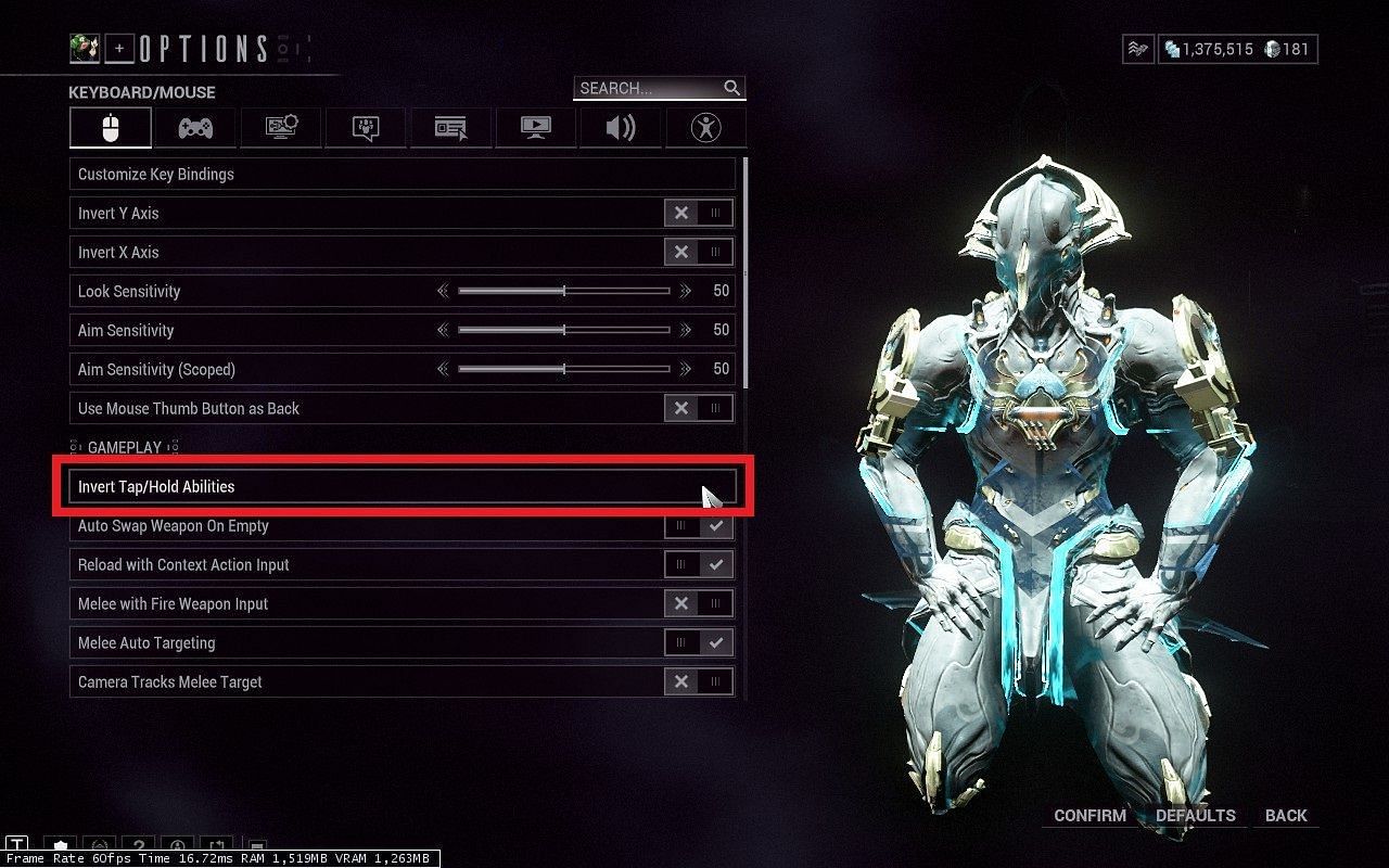 Warframe option to Invert tap/hold abilities (Image via Digital Extremes)